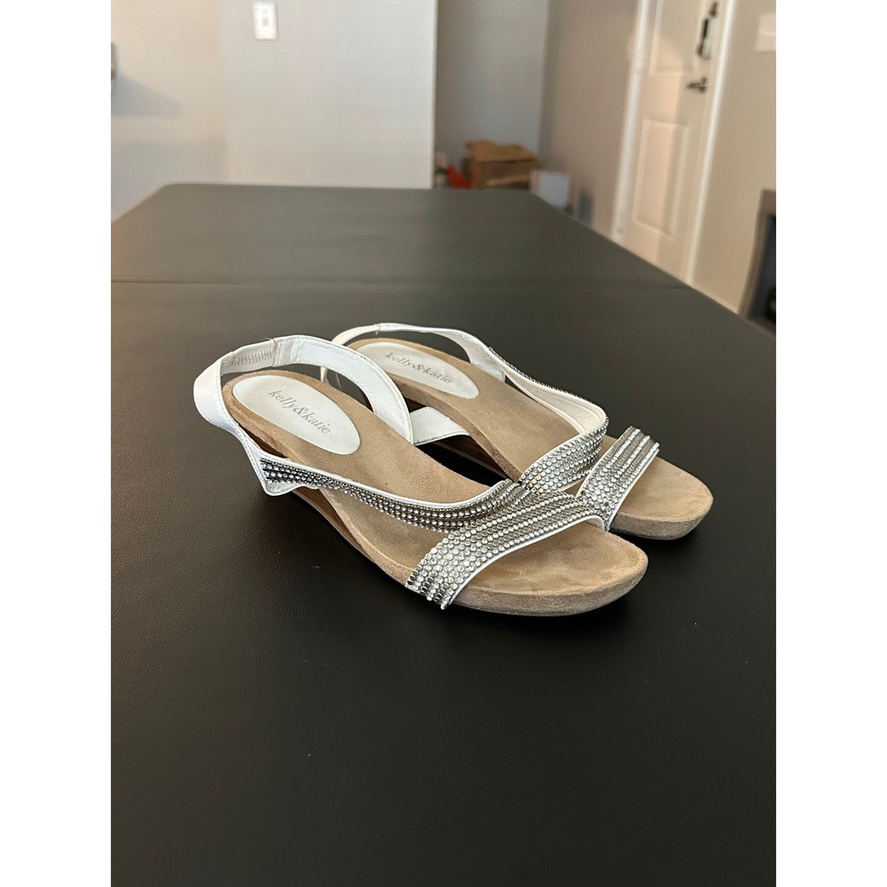 Kelly & Katie White Rhinestone Slingback Wedge Sandals Size 9